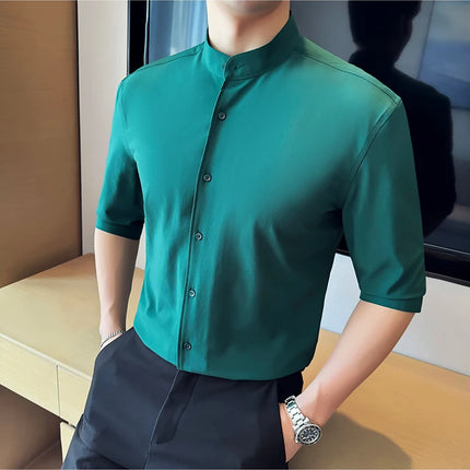 High Quality Chinese Style Stand Up Neck Shirt Men's Summer Mid Sleeved Slim Fit Casual Social Business Blouse Homme 4XL-M