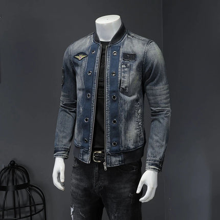 Autumn European Standneck Patch Pilot Blue Denim Jacket Men's Denim Jacket Slim Fit Motorcycle Casual Jacket