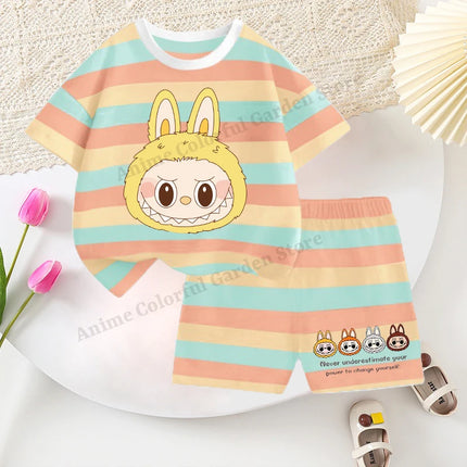 2pcs Labubu T-shirts Shorts Set for Children Pop Mart Fashion Striped Short Sleeved Shorts Suit Boys Girls Summer Clothes Suits
