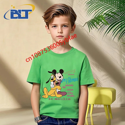 Disney Mickey Mouse and Friends print kids T-shirt pure cotton short-sleeved green top cartoon children's clothing for boys