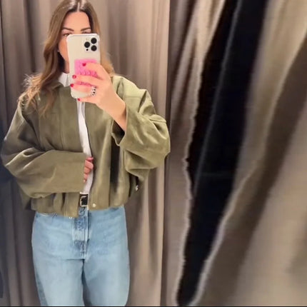 Vintage Women's Short Jacket Pockets Zipper Full Sleeve Khaki Green Thick Coats 2025 Spring Autumn Lady Loose Street Outwear