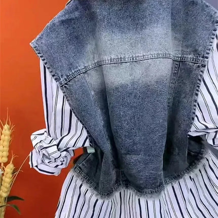 Fashion Design Sense Striped Denim Jackets Shirt Women's Spring Summer 2025 New cowboy Splicing Fake Two Pieces Shirt Coat Top W