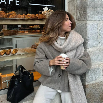 Chic Single Breasted V-neck Oversized Jackets Women's Fashion Solid Long Sleeve Warm Woolen Coats 2024 Lady Casual Streetwear