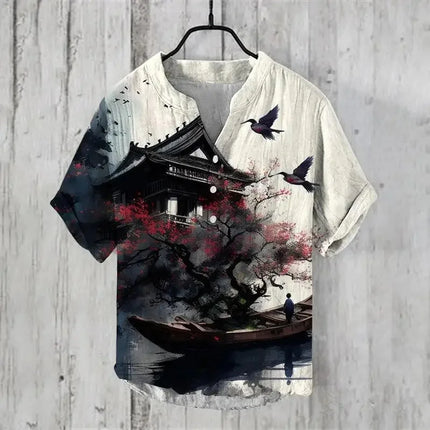 2024 Cross-border Foreign Trade Hawaiian Art Printing Gorgeous Red-crowned Crane Series 3D Digital Printing Casual Loose Short-s