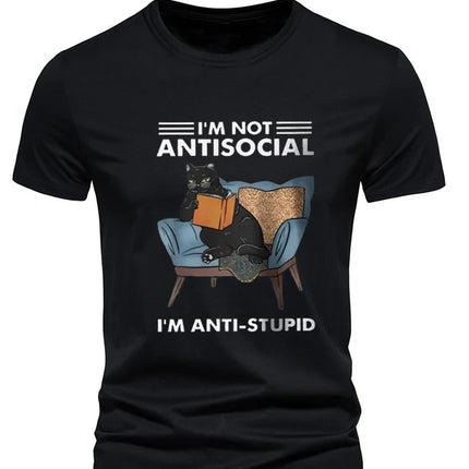 I Am Not Anti Social Letter Print Tshirts Animal Cat Printed Men's T-shirt Summer Loose Casual Tees Streetwear Short Sleeve Tops