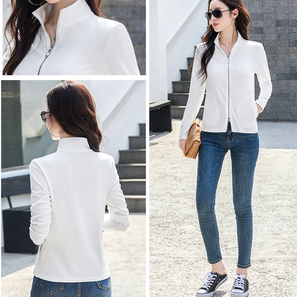 New Women's Zippered Stand Collar Jacket Slim Fit Long Sleeve Cotton Solid Color Casual Outerwear
