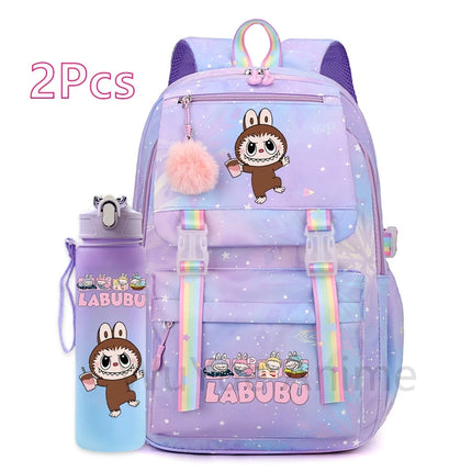 2Pcs/set Cute Cartoon Backpack with 750Ml Outdoor Sports Water Bottle Student Girl Boy Schoolbag Large Capacity Travel Bag Gift