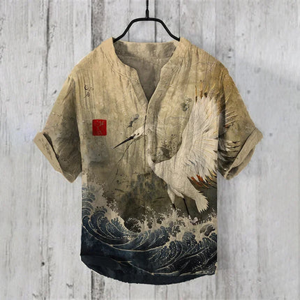 New pine tree landscape 3D printing stand collar short sleeve shirt foreign trade fashion casual loose bamboo fiber linen shirt