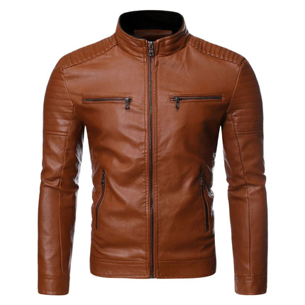 Spring and Autumn men's standing collar multi pocket leather jacket PU leather work clothes outdoor motorcycle riding clothes