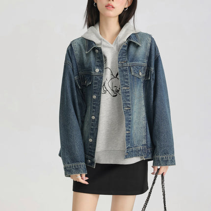 Women Retro Washed Denim Jacket Spring 2025 Oversized Drop Shoulder Loose Fit Casual Fashionable Lapel Collar Chic Jean Coat