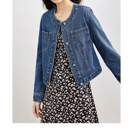 SENTUBILA Pure Cotton Denim Jacket Women 2025 Spring Autumn Outerwear Round Neck Pockets Cropped Jeans Coat Womans W41W53402