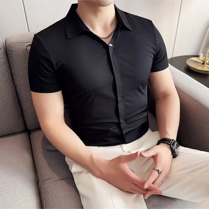 High Elasticity Men's Short Sleeve Shirt Summer Ice Silk Fashion Slim-Fit Business Anti-Wrinkle Shirt High Quality Tops 4XL-M