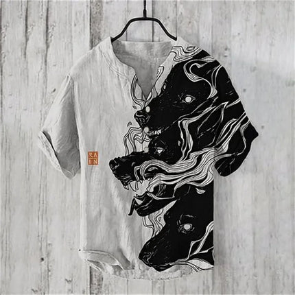 New V-neck red-crowned crane 3D linen printing foreign trade fashion casual loose bamboo linen shirt top