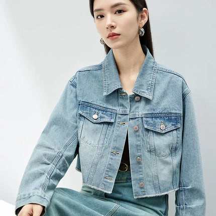 SENTUBILA 100% Cotton Washed Denim Jackets for Women 2025 Spring Casual Loose Turn Down Collar Fashion Short Jacket W41W54341