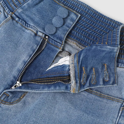 Spring Women Causal Jeans Back Shirred Button Front High Waist Jeans Denim Flare Pants
