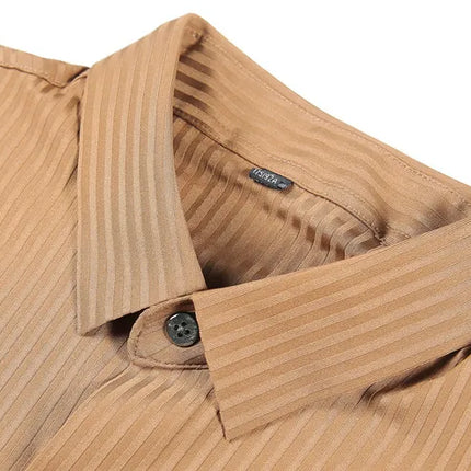 2024 Summer High Elasticity Seamless Short Sleeve Shirts Fashion Stripes Men Business Formal Wear Slim Fit Casual Dress Shirt