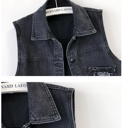 2024 Fashion Design Sequins Denim Vest Summer Autumn Women's Waistcoat Korean Leeveless Denim Jeans Jacket Female Vest Tops