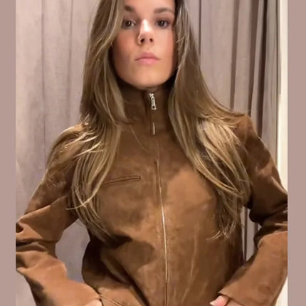 Suede Leather Short Jacket Coat Zipper Stand Collar Vintage Casual Motorcycle Jackets Baggy Front Shoulder Women Outwear Top New