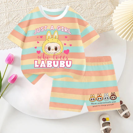 2pcs Labubu T-shirts Shorts Set for Children Pop Mart Fashion Striped Short Sleeved Shorts Suit Boys Girls Summer Clothes Suits