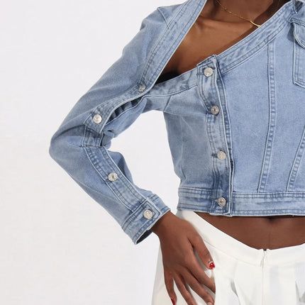 VGH Streetwear Spliced Button Chic Denim Jacket for Women Diagonal Collar Long Sleeve Patchwork Pockets Slim Short Coat Female