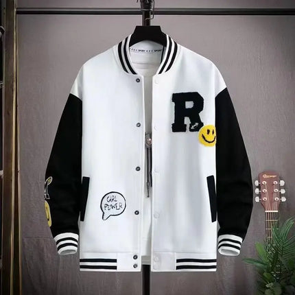 Smiling Face Embroidery Baseball Jacket Preppy Style Patchwork Outerwear Coat Men's Clothing Vintage Streetwear Hip Hop Jacket