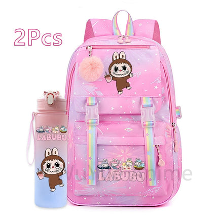 2Pcs/set Cute Cartoon Backpack with 750Ml Outdoor Sports Water Bottle Student Girl Boy Schoolbag Large Capacity Travel Bag Gift