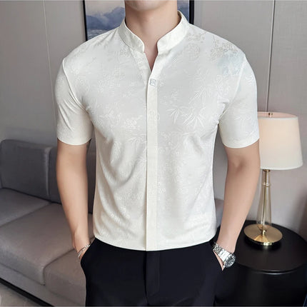 New Chinese Style Stand-up Collar Seamless Polo Shirts Summer Fashion Jacquard Short Sleeve Slim Elasticity Breathable T-shirt