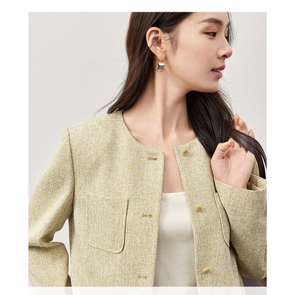 SENTUBILA Spring Women's Jackets 2025 Straight Cropped Office Lady Crewneck Long Sleeve Single Breasted Formal Coat 151W58771