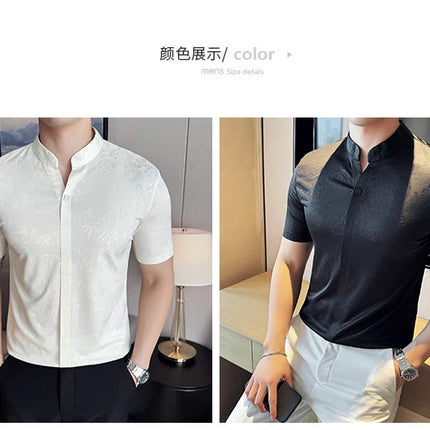 New Chinese Style Stand-up Collar Seamless Polo Shirts Summer Fashion Jacquard Short Sleeve Slim Elasticity Breathable T-shirt