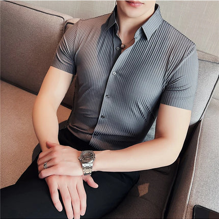 2024 Summer High Elasticity Seamless Short Sleeve Shirts Fashion Stripes Men Business Formal Wear Slim Fit Casual Dress Shirt