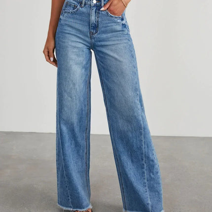 Spring Summer New Women's Clothing Solid Color Loose Wide Leg Side Seam Stitching Frayed Hem Jeans
