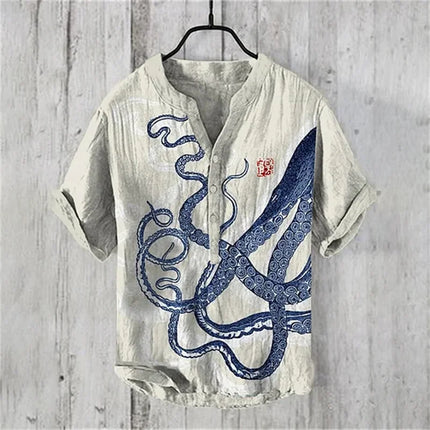 Cross-border foreign trade men's summer 3D printed octopus print shirt casual loose linen short-sleeved shirt T-shirt