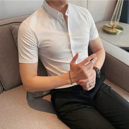 High Quality Pinstripe Casual Shirts  For Men 2024 Summer Slim Fit Business Social Elastic Social Party Shirt Plus Size 4XL-M