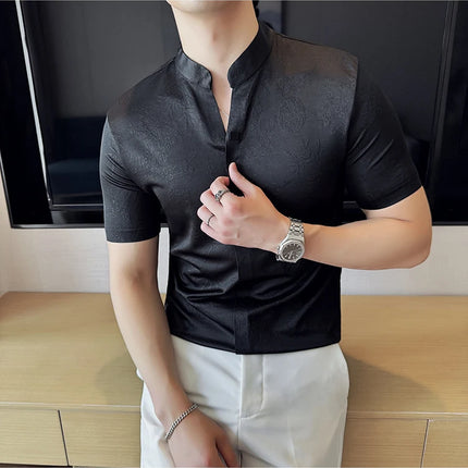 New Chinese Style Stand-up Collar Seamless Polo Shirts Summer Fashion Jacquard Short Sleeve Slim Elasticity Breathable T-shirt