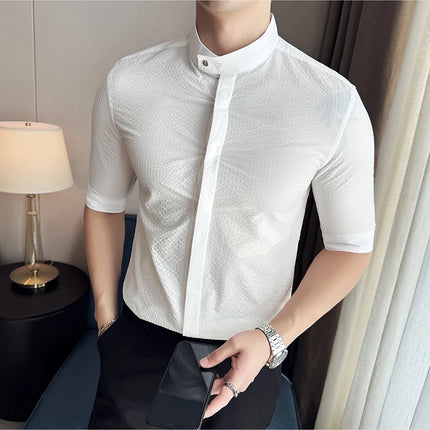 New Chinese Style Stand Up Collar Slim Fit Half Sleeved Shirts Men High Quality Striped Elegant Shirt Summer Social Party Dress