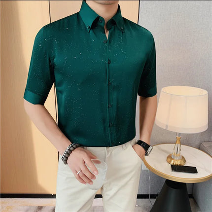 Summer New Powder Shiny Shirts Fashion Men's V-neck Half Sleeve Slim Fit Casual Shirts Social Personality  Top Club Outfits