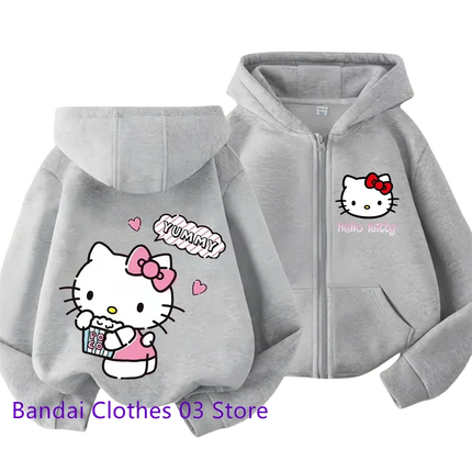 2024 Hello Kitty New Pin Zipper Hoodie Girls Sweatshirt Autumn/Winter Long Sleeve Jacket Harajuku Jumper Pin Casual Hoodie Top