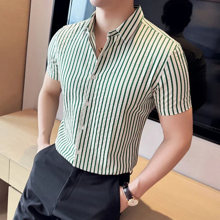 2025 Summer Fashion Vertical Striped Shirts Luxury Men's Short Sleeved Slim Fit Casual Pleated Business Shirt Men Clothing 4XL-M