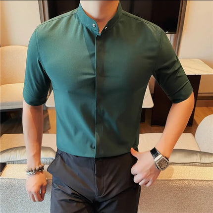 Summer New Standing Collar Half Sleeve Shirts For Men Invisible Button Up Design Slim Casual Business Social Shirt Club Outfits