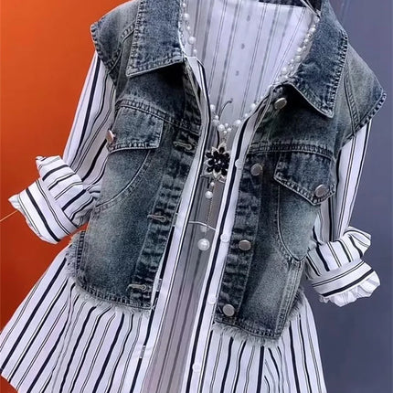 Fashion Design Sense Striped Denim Jackets Shirt Women's Spring Summer 2025 New cowboy Splicing Fake Two Pieces Shirt Coat Top W