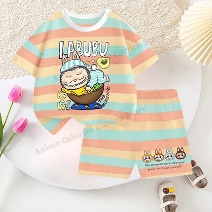2pcs Labubu T-shirts Shorts Set for Children Pop Mart Fashion Striped Short Sleeved Shorts Suit Boys Girls Summer Clothes Suits