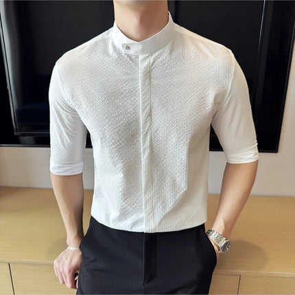 New Chinese Style Stand Up Collar Slim Fit Half Sleeved Shirts Men High Quality Striped Elegant Shirt Summer Social Party Dress