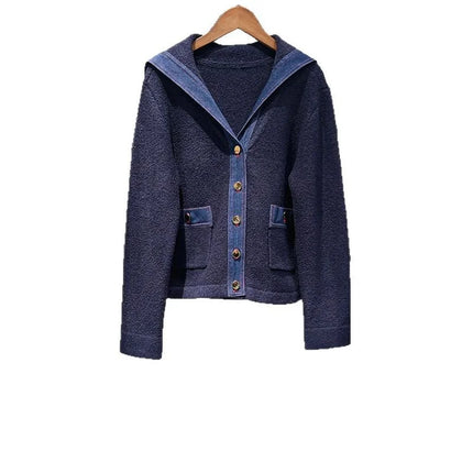 Denim Fights Navy V -neck Knitted Cardigan Age School Style Short Jacket French Niche 2025 Early Spring New Cardigan Women