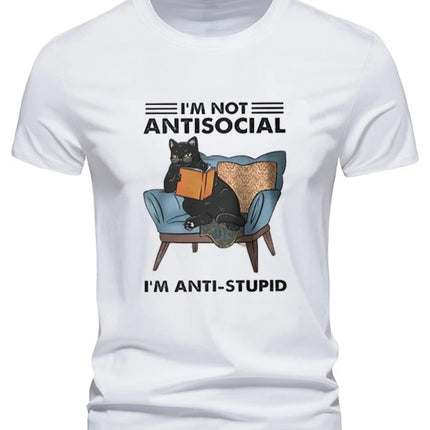 I Am Not Anti Social Letter Print Tshirts Animal Cat Printed Men's T-shirt Summer Loose Casual Tees Streetwear Short Sleeve Tops