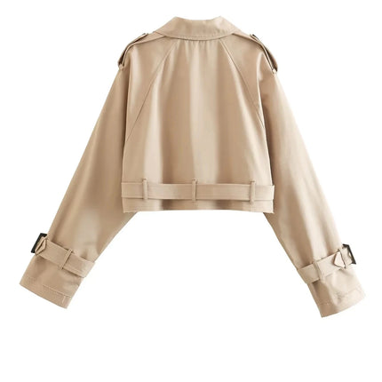2024 Belt Cropped Trench Spring Jacket Women Vintage Streetwear Double Breasted Long Sleeve Top Female Coat Outfits