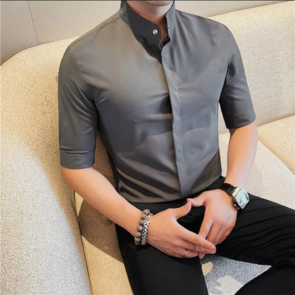Summer New Standing Collar Half Sleeve Shirts For Men Invisible Button Up Design Slim Casual Business Social Shirt Club Outfits