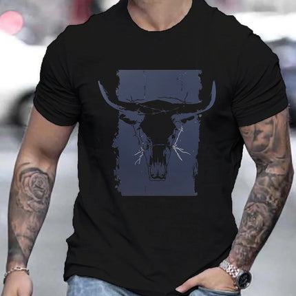 Summer men's 100% pure cotton casual loose plus size Western bull head pattern printed round neck short sleeved T-shirt top