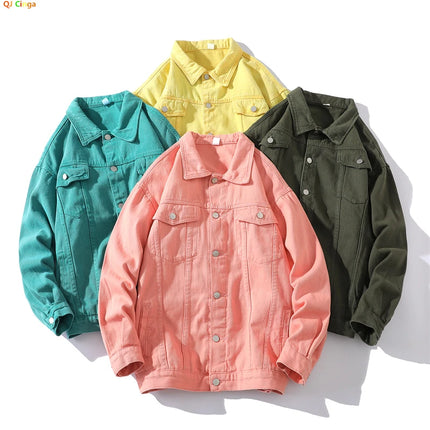 Fashion Casual Denim Jacket Men, Single-breasted Square Collar Long-sleeved Coat, Blue, Green, Gray, Black, Yellow, White,Purple
