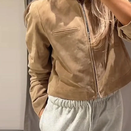 Suede Leather Short Jacket Coat Zipper Stand Collar Vintage Casual Motorcycle Jackets Baggy Front Shoulder Women Outwear Top New