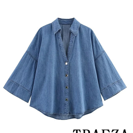 TRAFZA Vintage Casual Chic Women Cowboy Suit Single Breasted Loose Jackets Long Pants Fashion 2025 Spring Summer Denim Suits